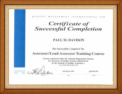 Quality management assessor Certificate